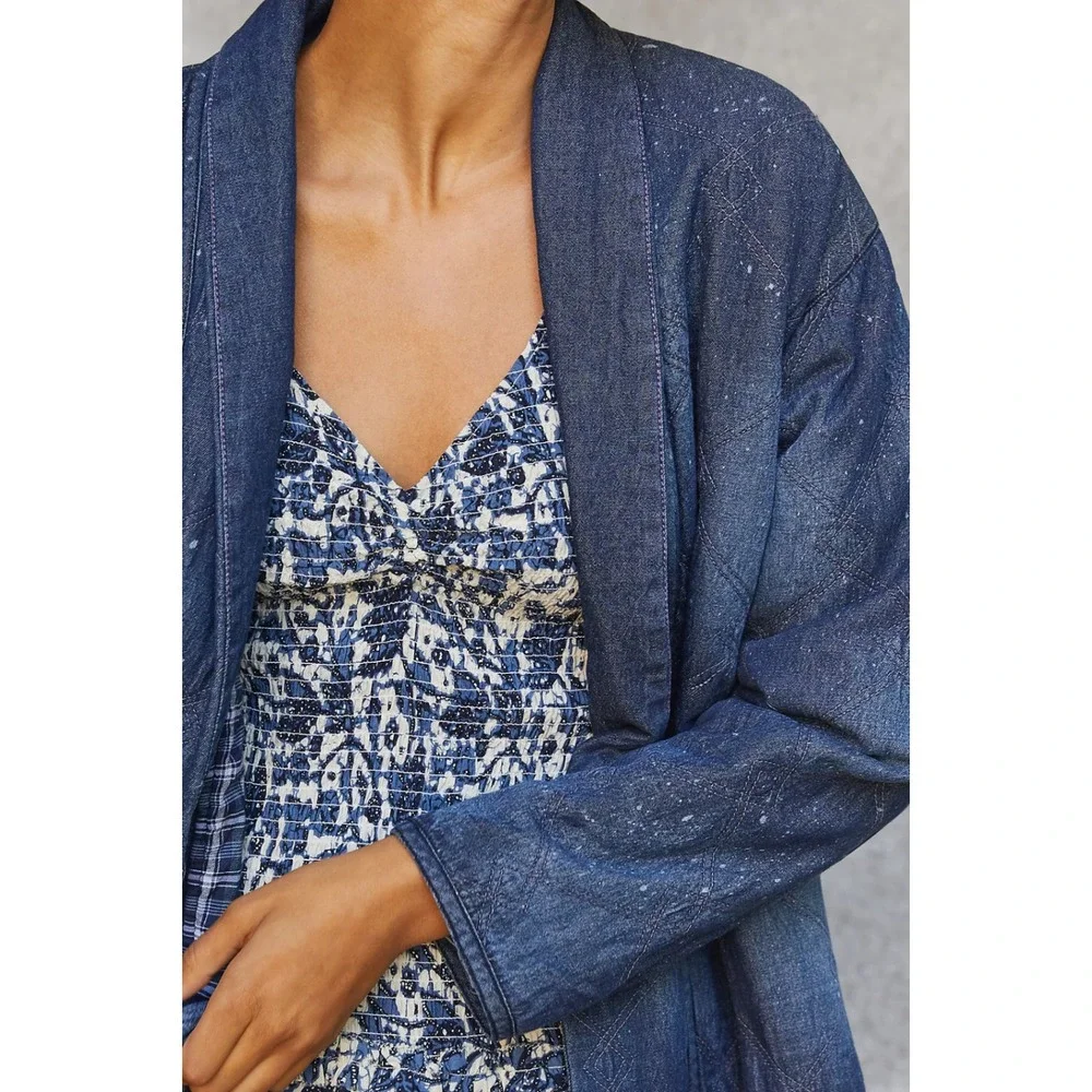 Anthropologie Pilcro Quilted Denim Spattered Oversized Boxy Kimono Jacket NWT XS